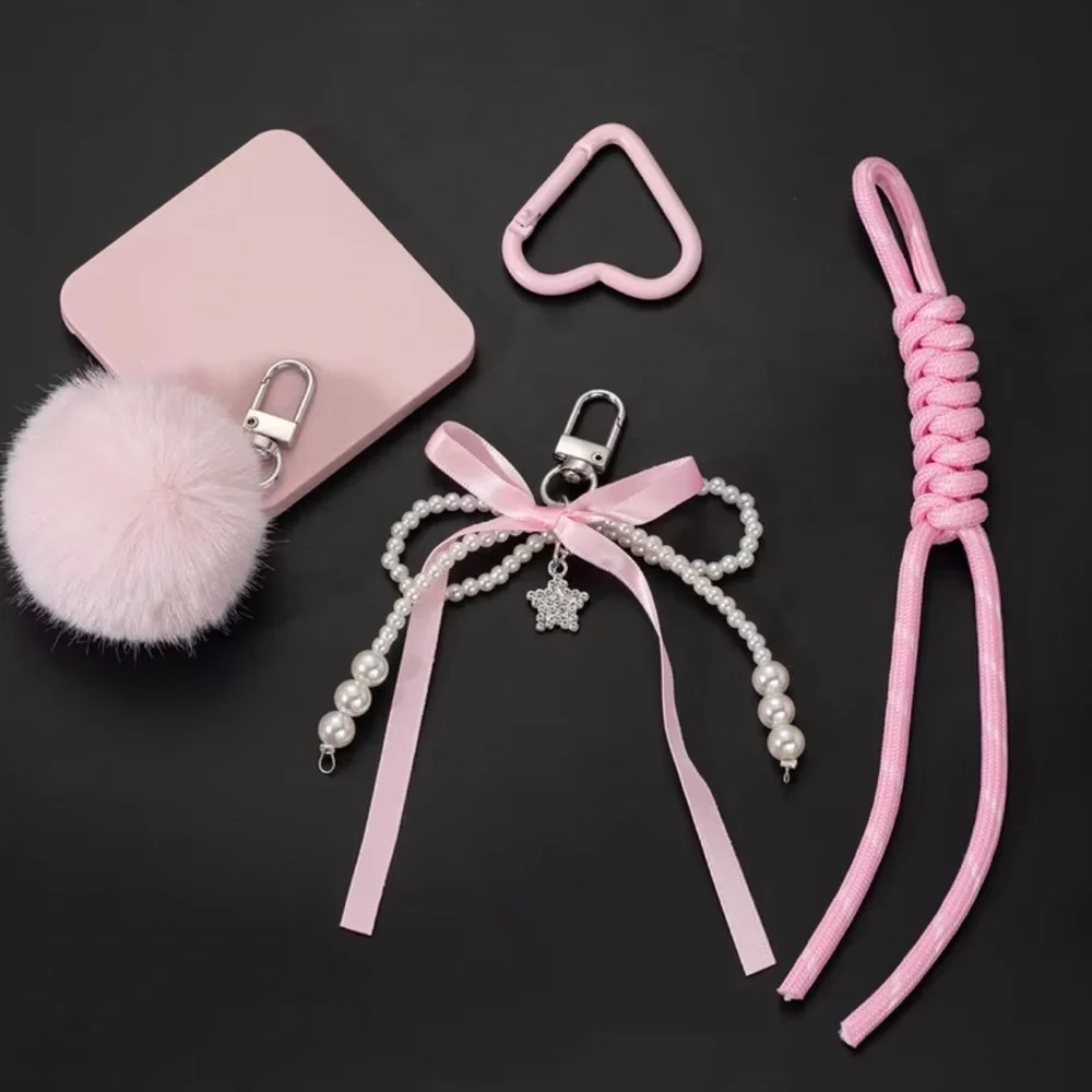 NEW Elegant Pink Fur Keychain with Pom Pom and Bow Pearls